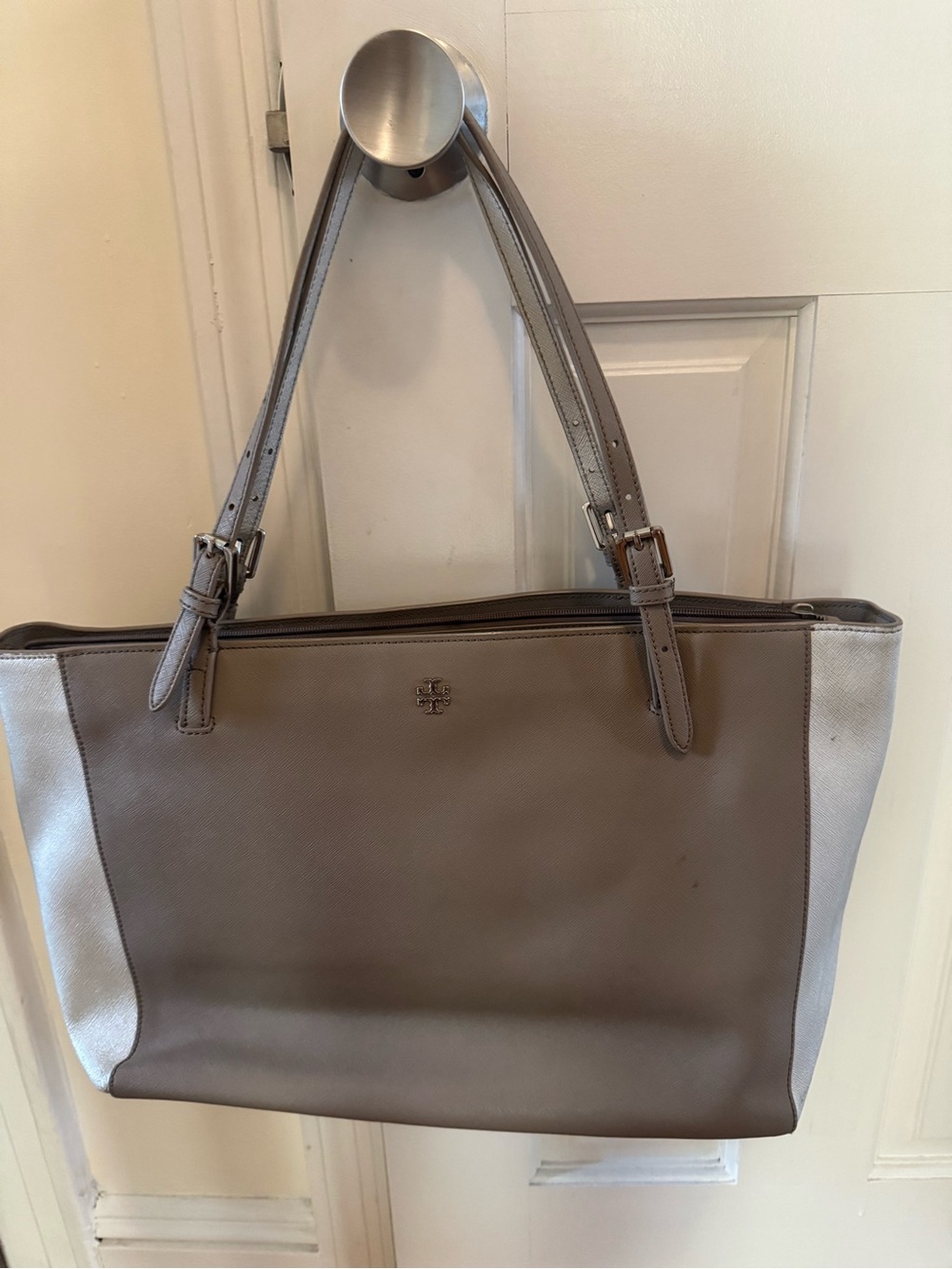 Tory Burch Taupe Tote with Cream Side Panels